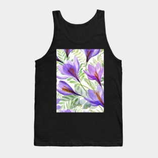 Crocus transparent flowers and green spring leaves composition. Watercolor translucent Saffron Crocus blossom Tank Top